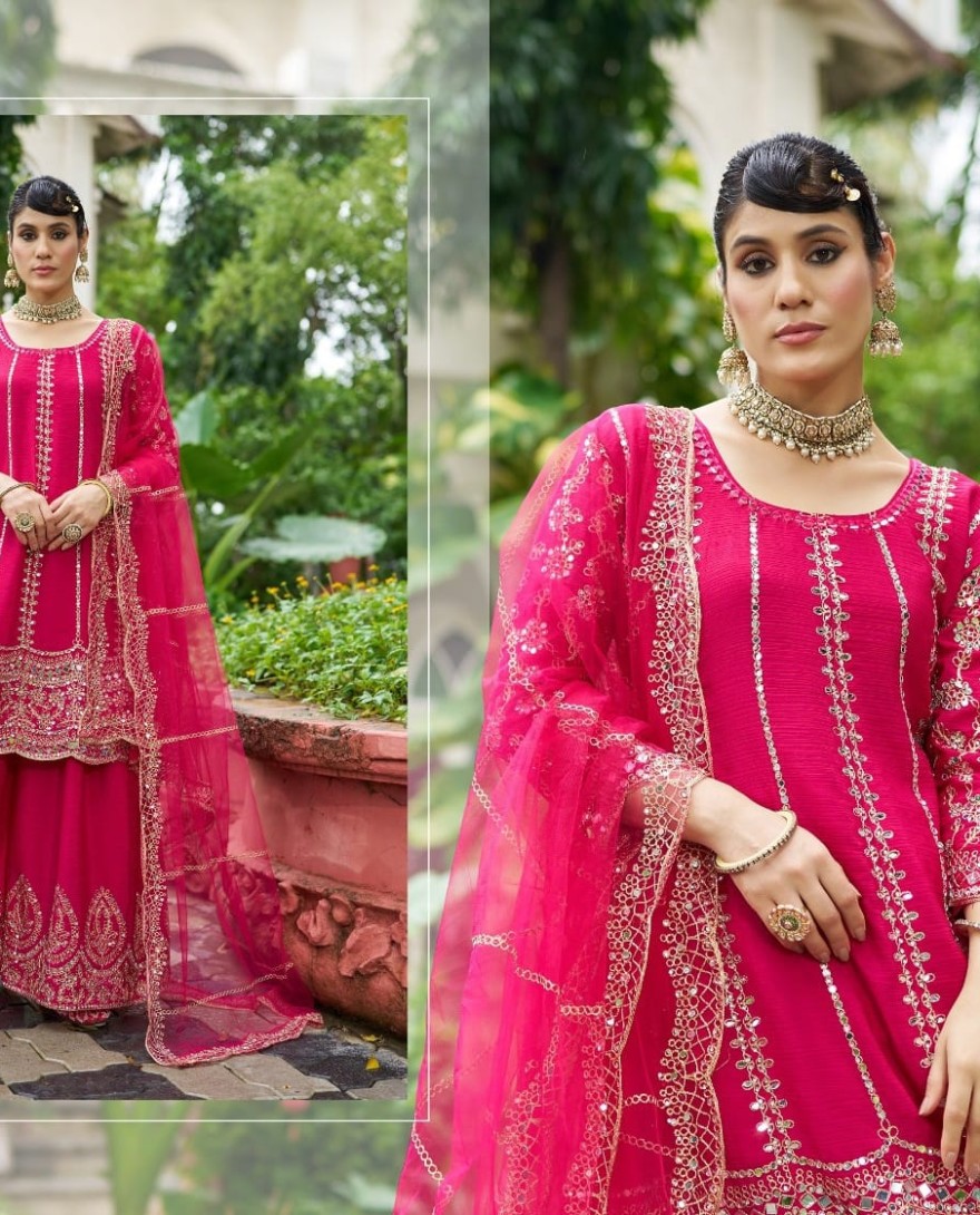 PINK - Rani Chinon Readymade Salwar Suit with Embroidered and Mirror Work